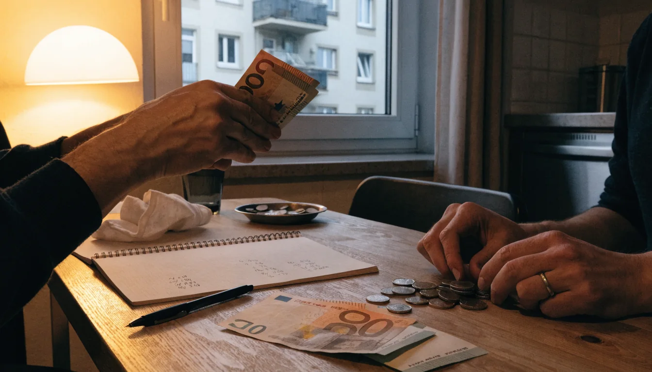 Hände zählen Euro-Geldscheine auf einem Holztisch
